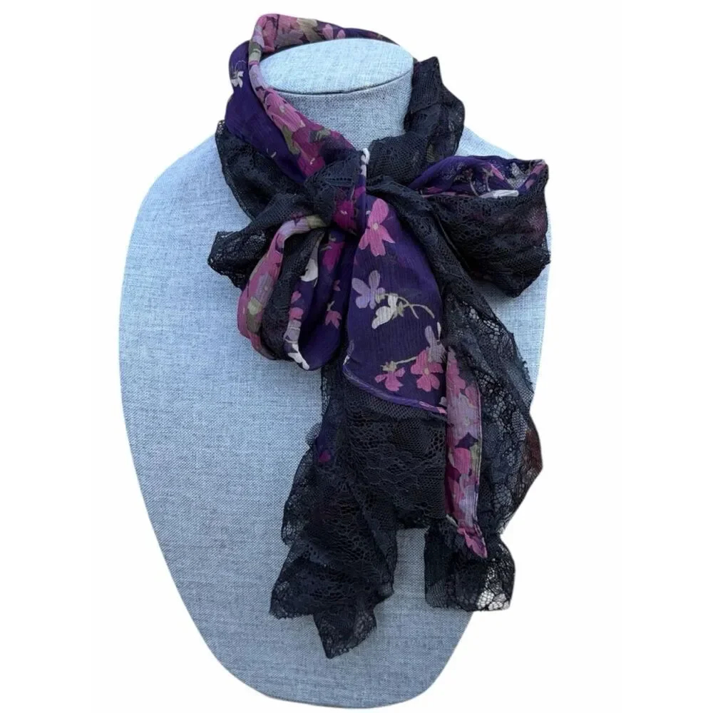 Ralph Lauren 100% Silk Black/Purple Floral & Lace Lightweight Scarf Romantic